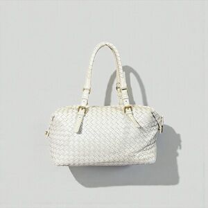 Bottega Veneta Montaigne Intrecciato Leather Satchel – Cream/White